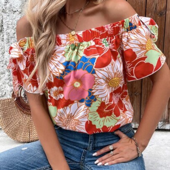 Boho floral print off shoulder blouse - Picture 1 of 6